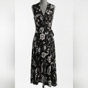 [Orange Fashion Village] Black & White Floral Paisley Wrap Midi Dress Women Med